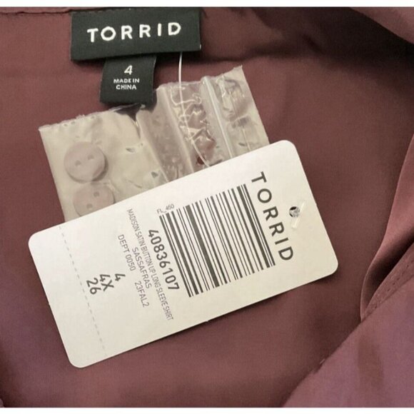 Torrid +4 Brown Satin Button Down Collar Curve Hem Long Sleeve Madison Shirt - Picture 6 of 6